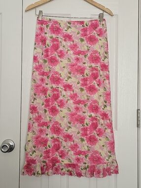 Pink Floral Ruffled Hem Midi Skirt